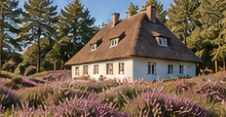 Friesenhaus mit Reetdach in der Heide