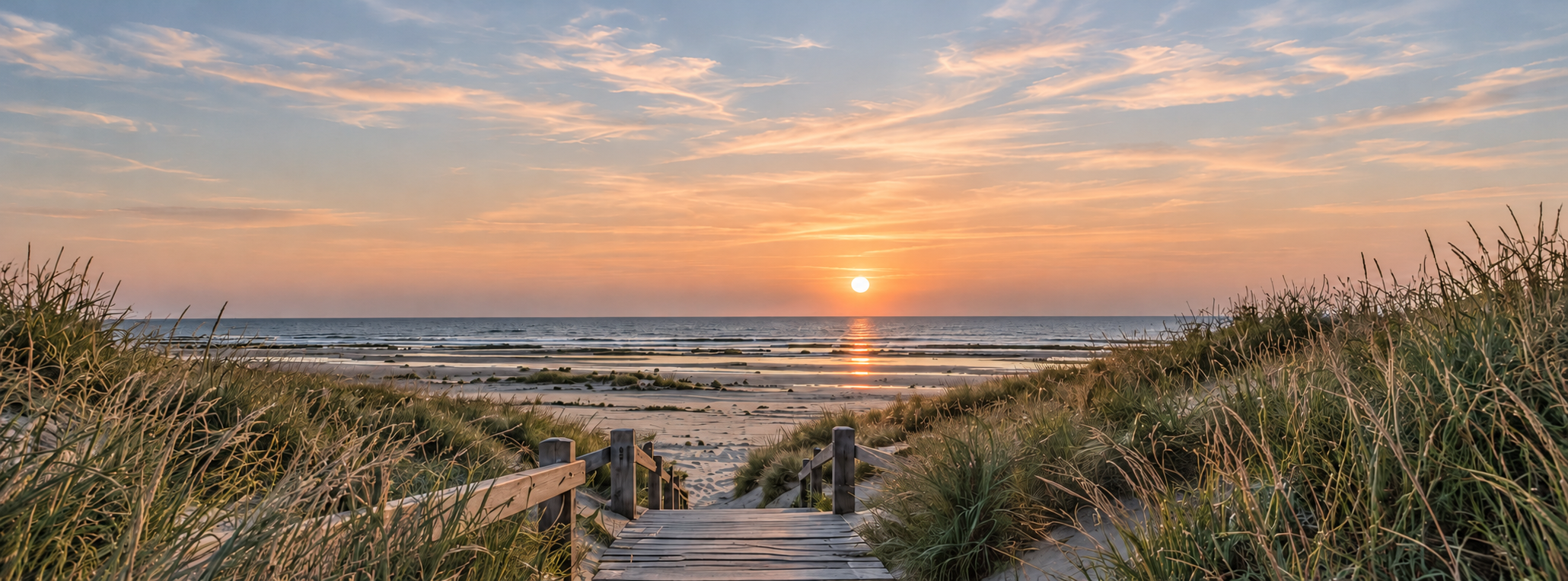 Dünengras und Steg zum Kniepsand bei Sonnenuntergang
